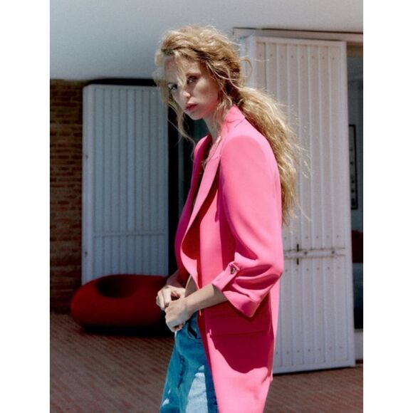 Zara Women's Peak Lapel Quarter Roll Tab Sleeve Blazer Jacket Fuchsia Small - Picture 2 of 7